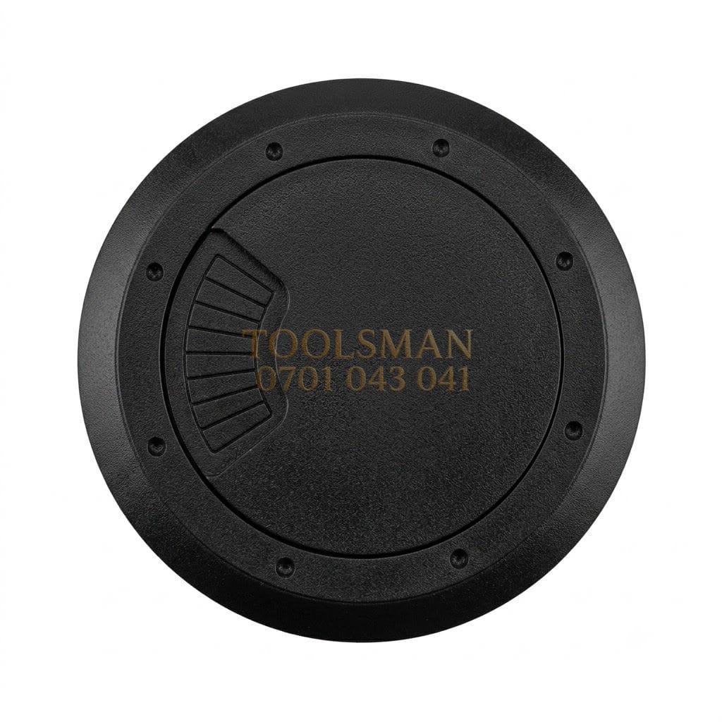60mm black desk cable grommet fitted into a desktop hole