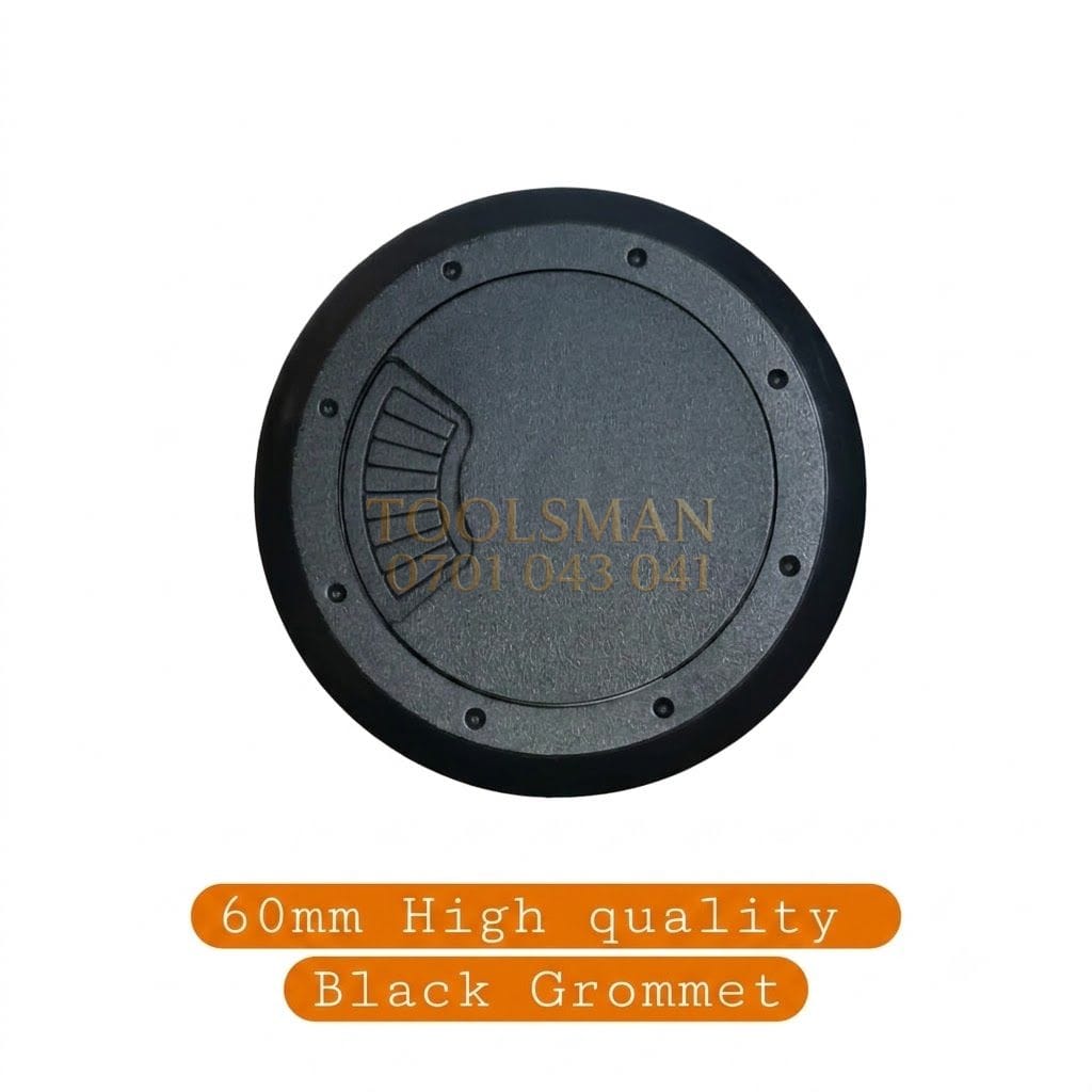60mm black desk cable grommet fitted into a desktop hole